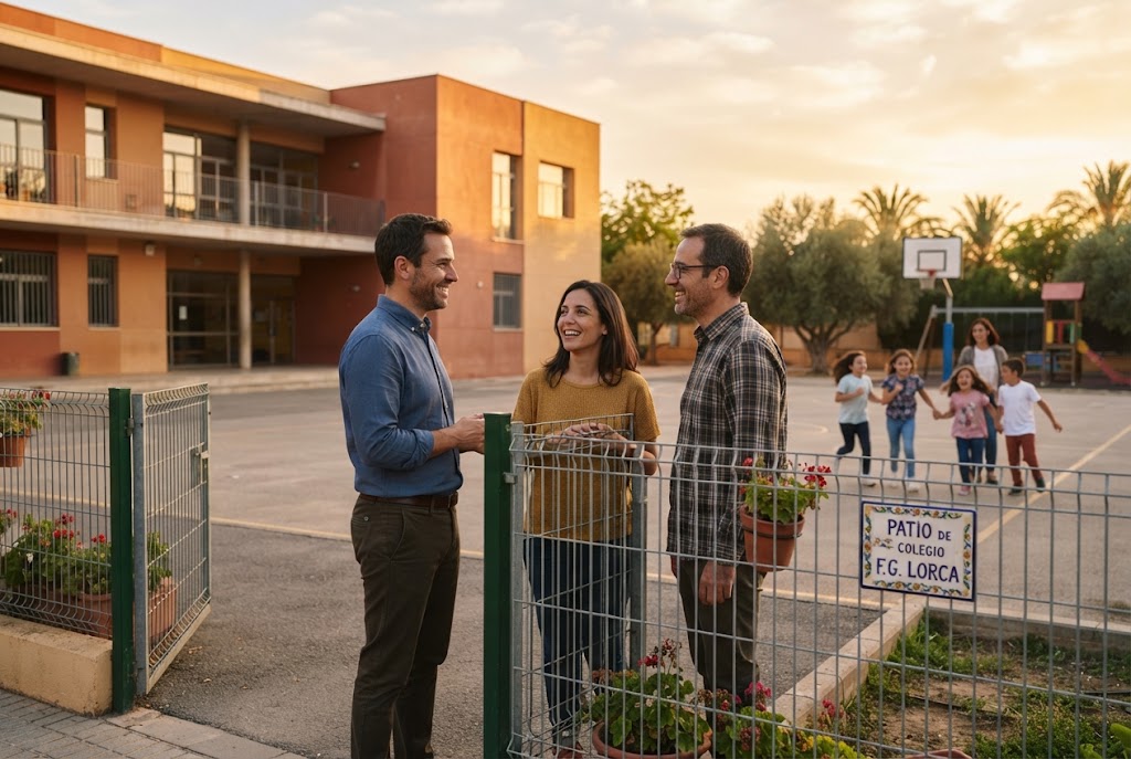 Docente y familias conversando en el patio del colegio Profesor hablando con padres en un patio escolar al atardecer