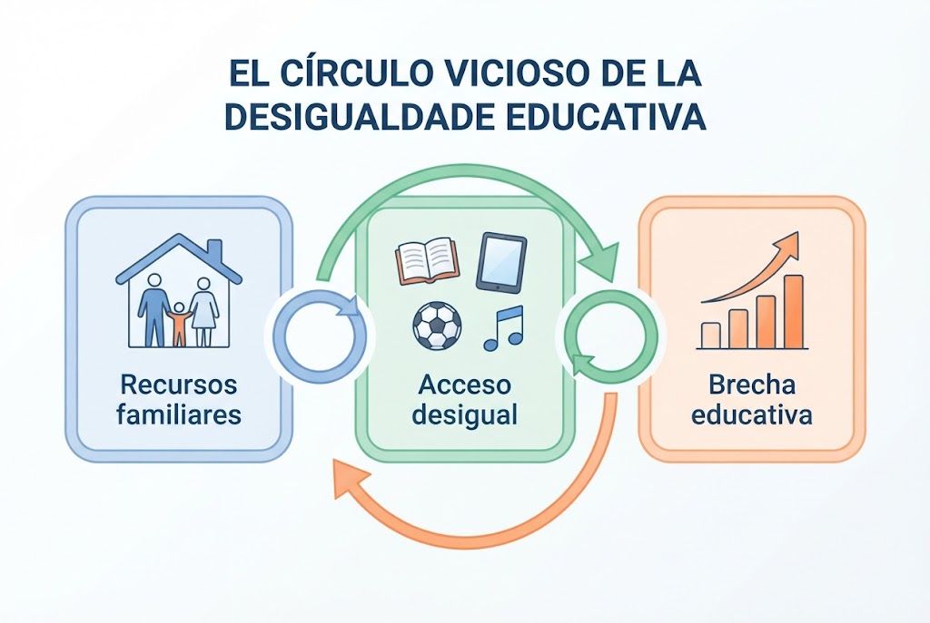 El ciclo de la desigualdad en actividades complementarias Infografía que explica el círculo vicioso de la desigualdad educativa