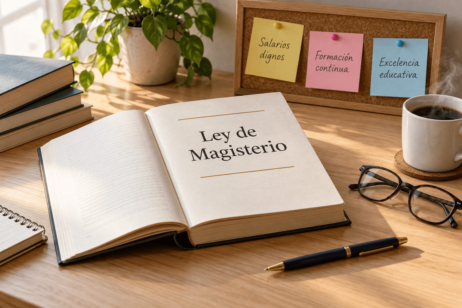 Elementos clave para una Ley de Magisterio Libro titulado Ley de Magisterio rodeado de objetos simbólicos educativos