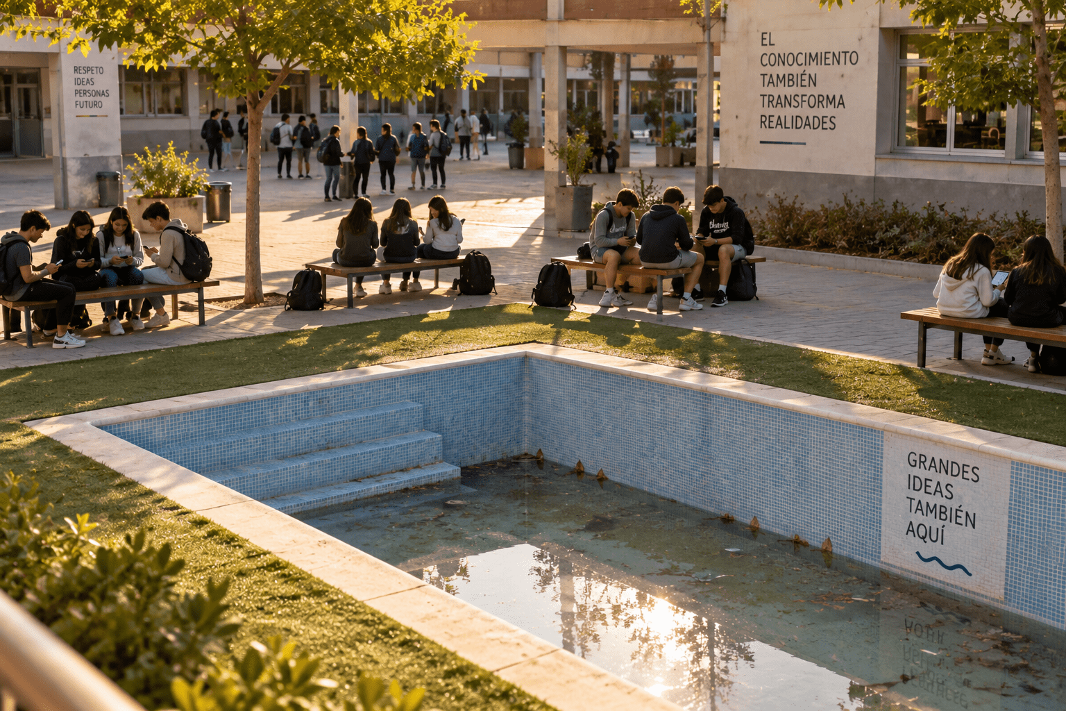 Entorno educativo y nuevos marcadores de desigualdad Patio escolar con piscina y estudiantes usando tecnología
