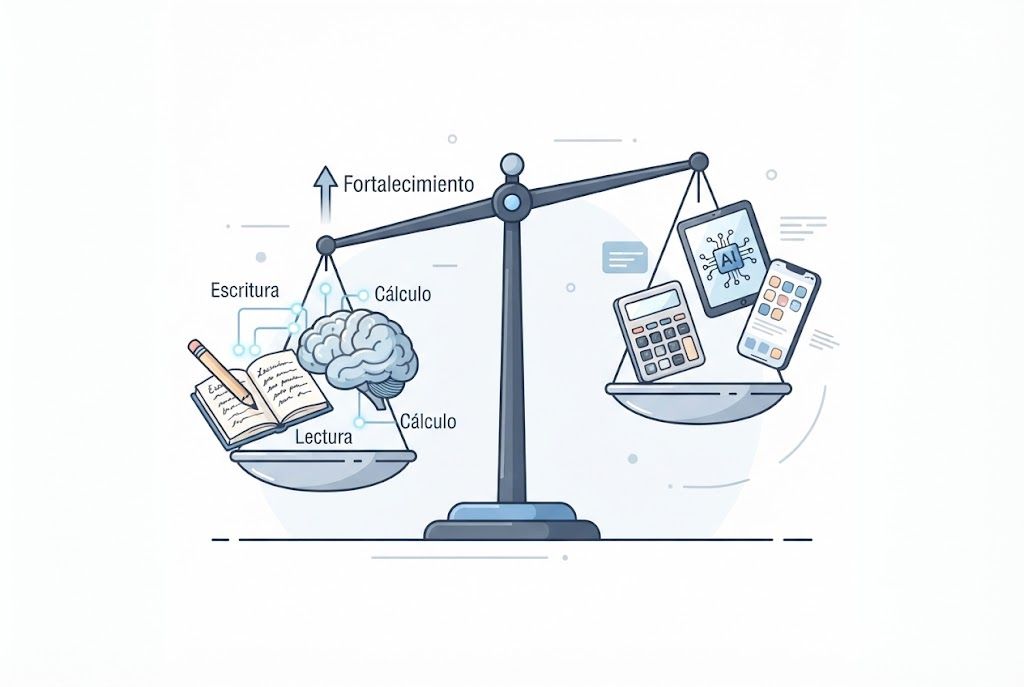 Equilibrio entre lo tradicional y lo digital Ilustración de una balanza comparando habilidades tradicionales y tecnología en el aprendizaje