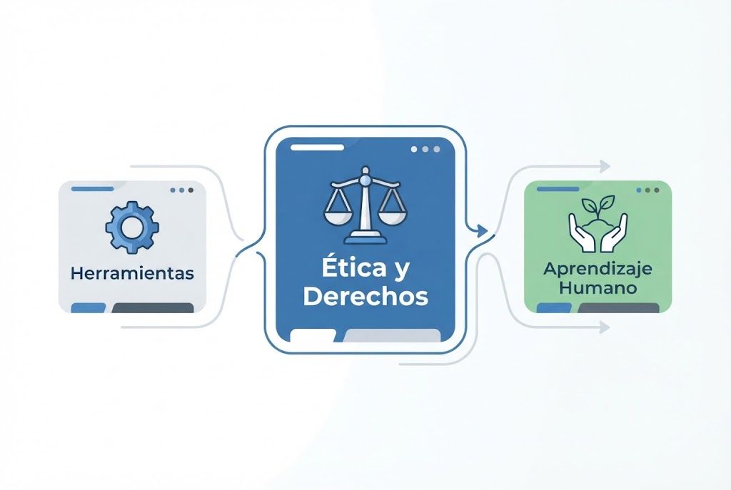 Esquema visual que conecta herramientas tecnológicas, ética y aprendizaje humano