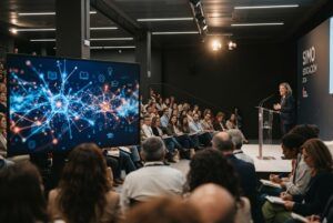 Ponencia en un congreso educativo con pantalla de fondo mostrando gráficos neuronales y público atento