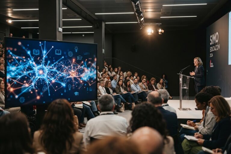 Ponencia en un congreso educativo con pantalla de fondo mostrando gráficos neuronales y público atento