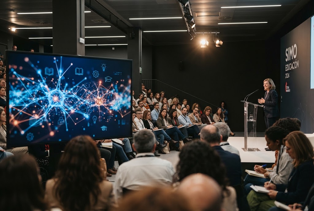 Ponencia en un congreso educativo con pantalla de fondo mostrando gráficos neuronales y público atento