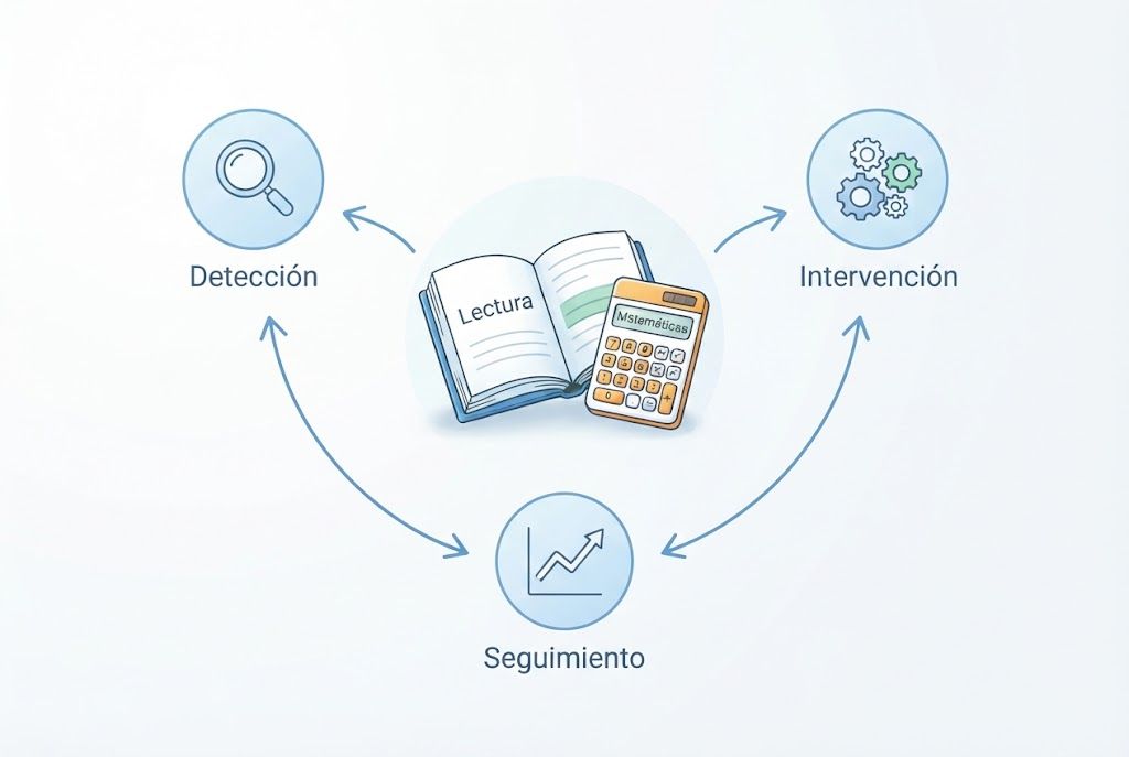 Diagrama conceptual de detección, intervención y seguimiento en lectura y matemáticas