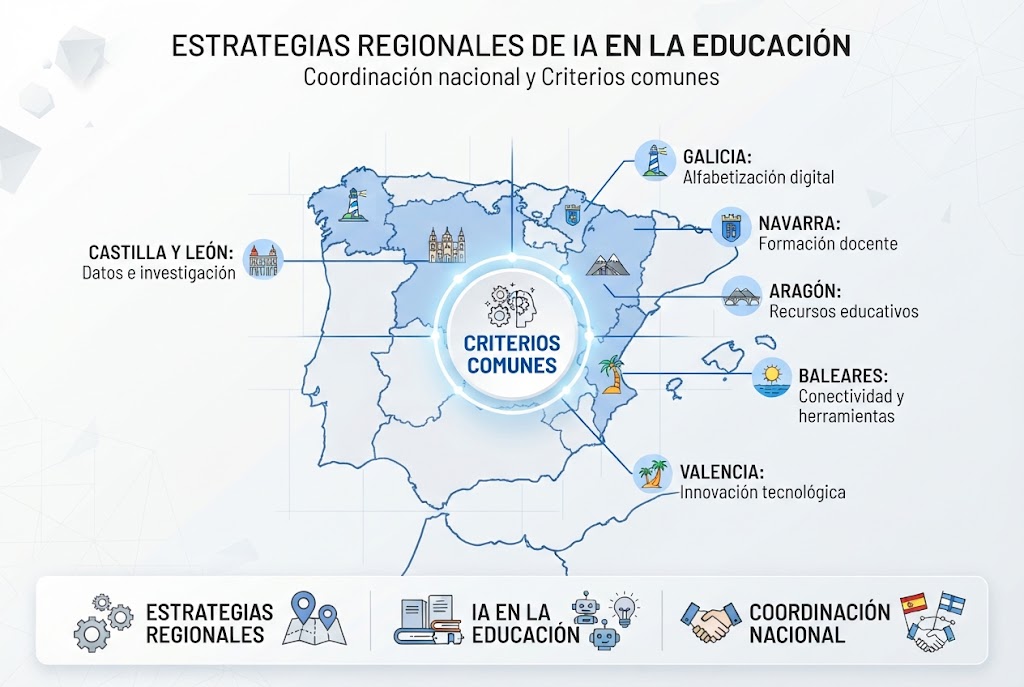 Estrategias autonómicas de IA en la educación Infografía que muestra la coordinación entre comunidades autónomas españolas sobre estrategias de IA educativa