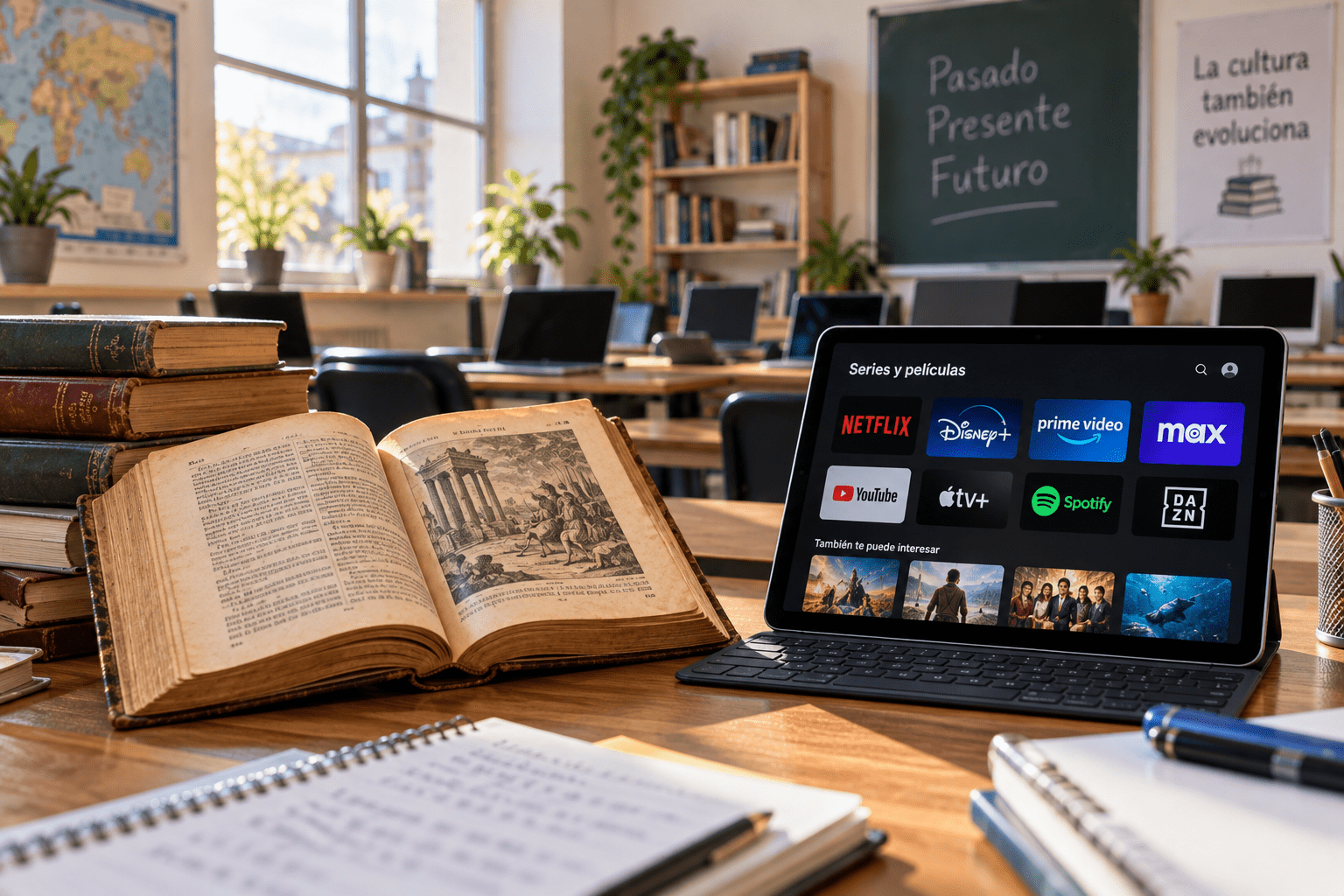 Evolución de los indicadores culturales en el aula Escritorio con libro antiguo y tablet mostrando suscripciones digitales