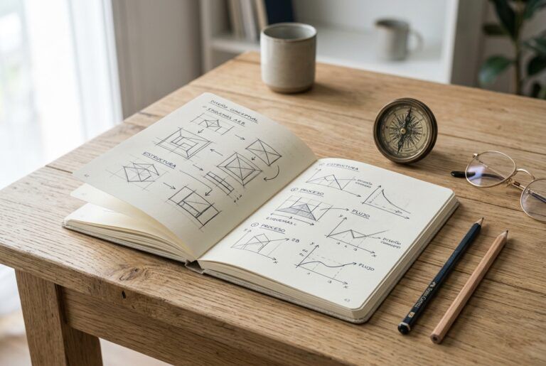 Cuaderno con gráficos de evaluación escolar, una brújula de madera y lápices sobre una mesa de trabajo docente.
