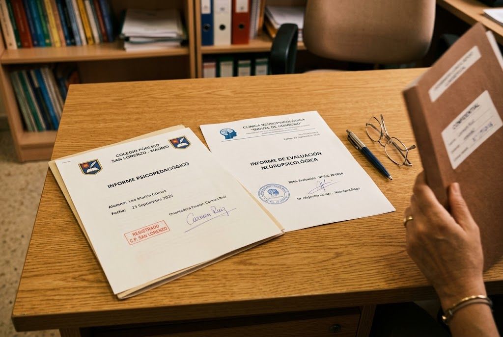 Documentación clínica oficial sobre una mesa de orientación educativa