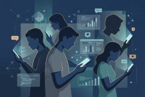 Ilustración conceptual de siluetas de adolescentes interactuando con pantallas luminosas rodeadas de iconos de conectividad y candados de seguridad