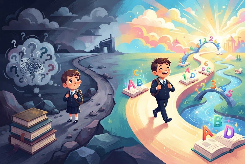 Intervención temprana en dificultades de aprendizaje Ilustración comparativa entre la dificultad de aprendizaje no atendida y el refuerzo educativo temprano