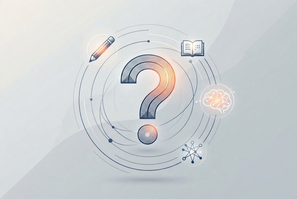 Ilustración conceptual donde un signo de interrogación rodeado de símbolos educativos representa la importancia de la curiosidad
