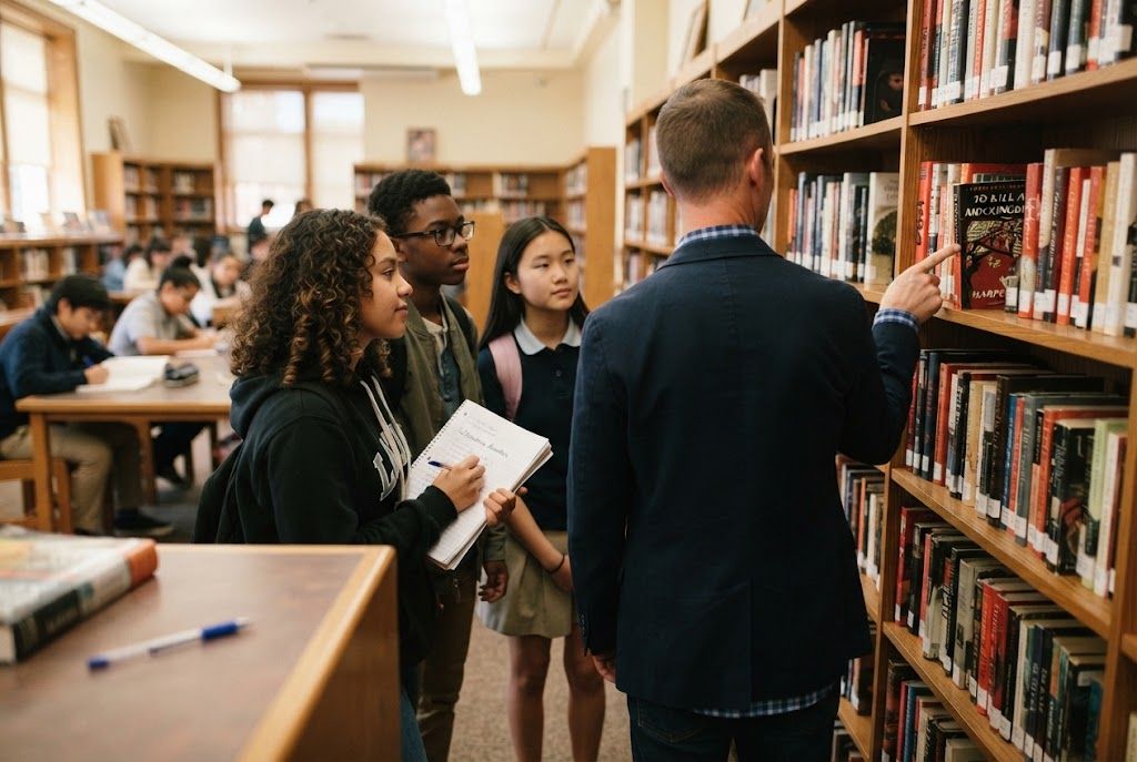 La guía docente en la selección de lecturas Profesor y alumnos seleccionando lecturas en una biblioteca escolar