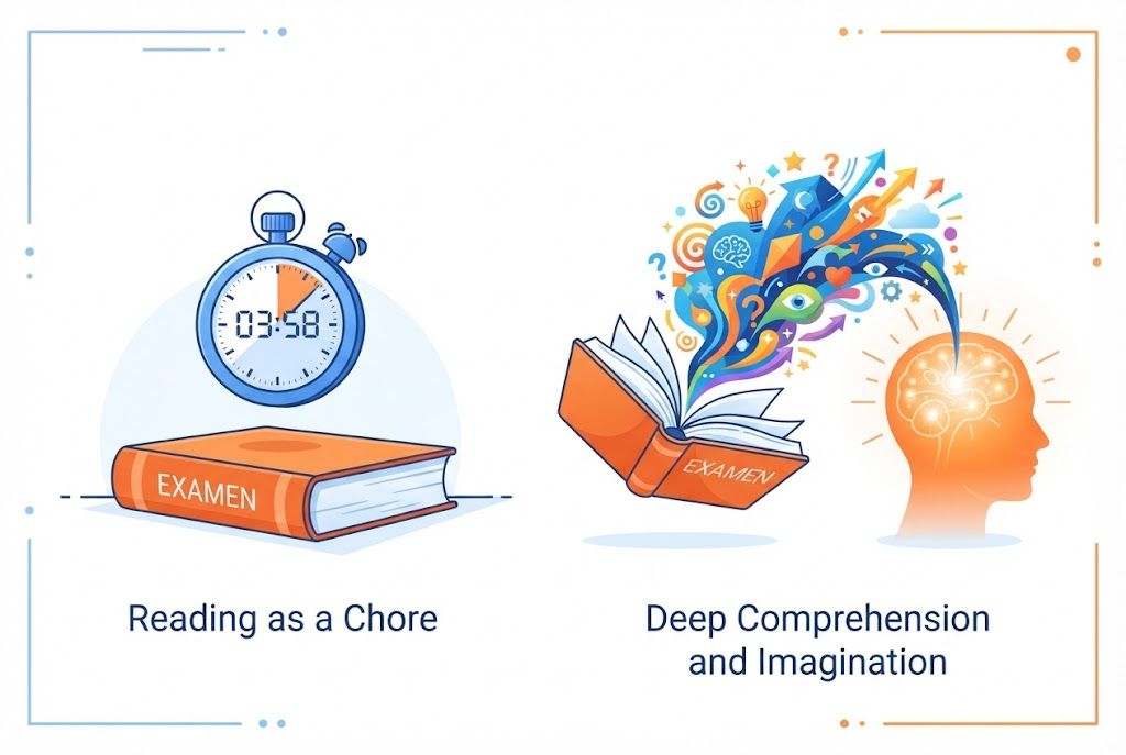 Ilustración comparativa entre lectura como examen y lectura como experiencia