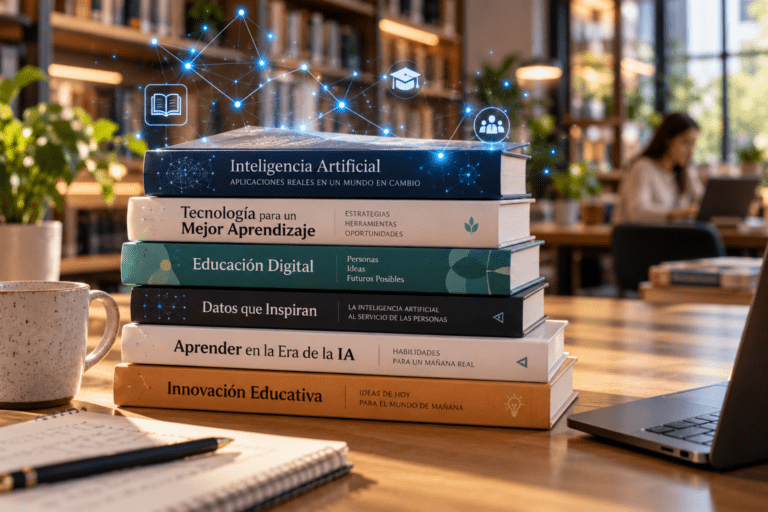 Pila de libros educativos con elementos digitales sutiles flotando alrededor representando la integración de la IA en la enseñanza