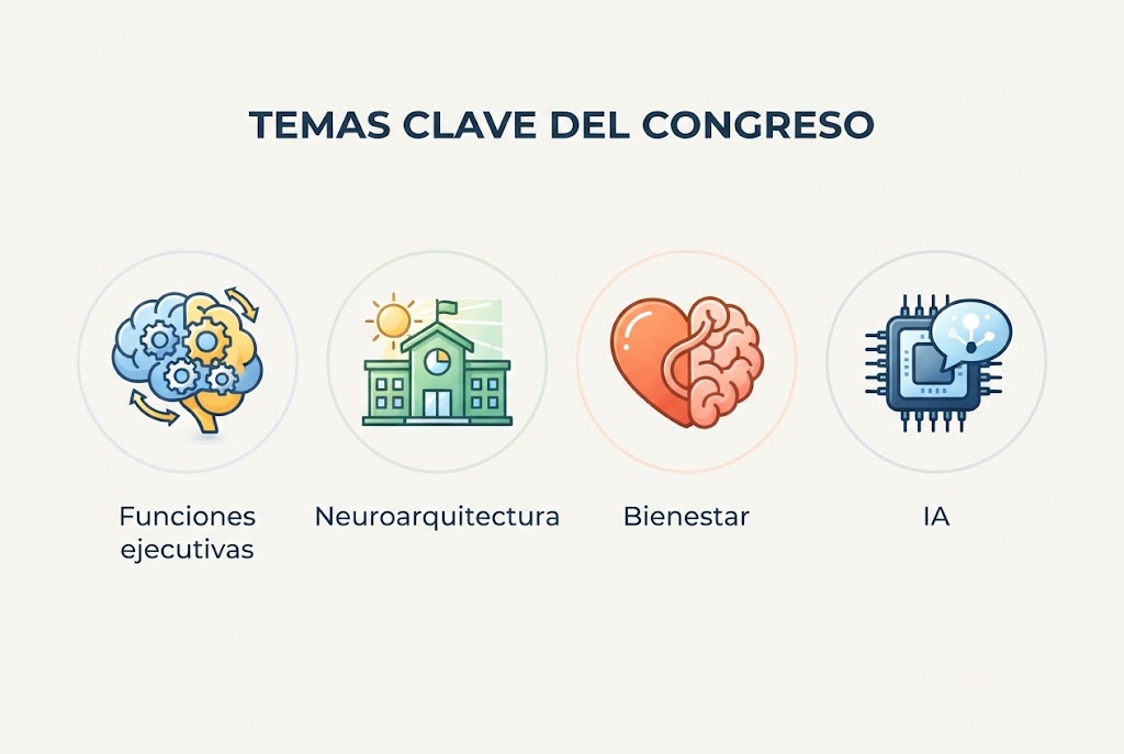 Infografía con cuatro pilares del congreso: funciones ejecutivas, neuroarquitectura, bienestar e inteligencia artificial