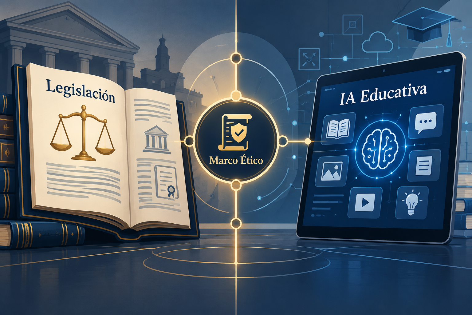 Marco legal y regulatorio de la IA educativa Ilustración conceptual sobre la legislación y normativa para la inteligencia artificial en educación