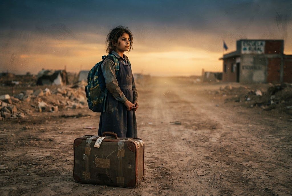 Niña desplazada buscando escuela Niña con mochila y maleta mirando hacia un colegio lejano en una calle polvorienta