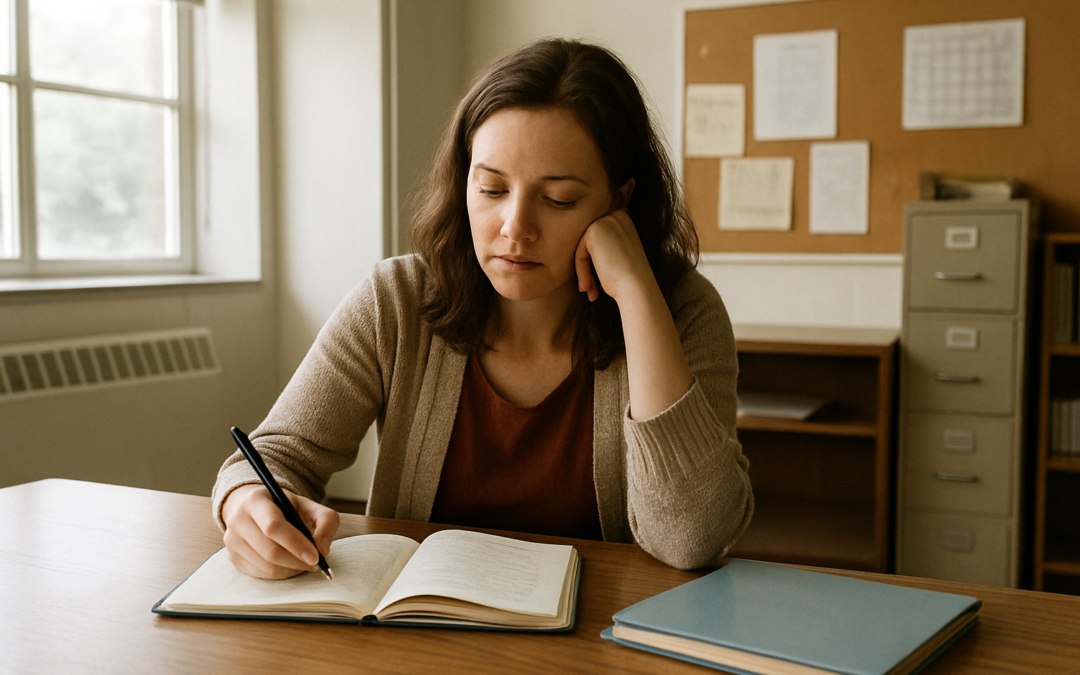 Profesora sentada en la sala de profesores revisando sus anotaciones en un cuaderno junto a un café