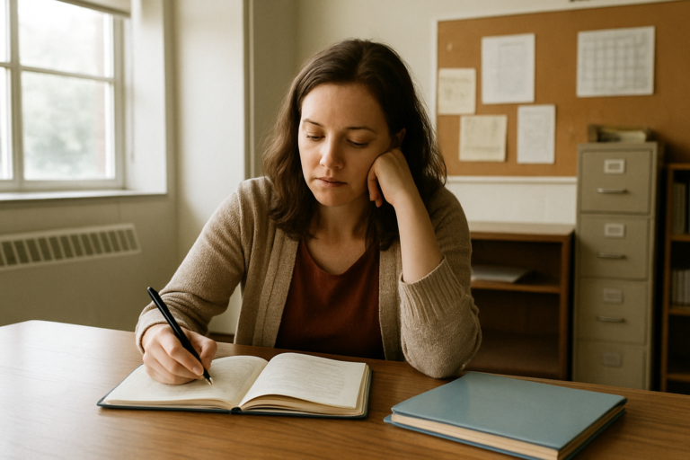 Profesora sentada en la sala de profesores revisando sus anotaciones en un cuaderno junto a un café