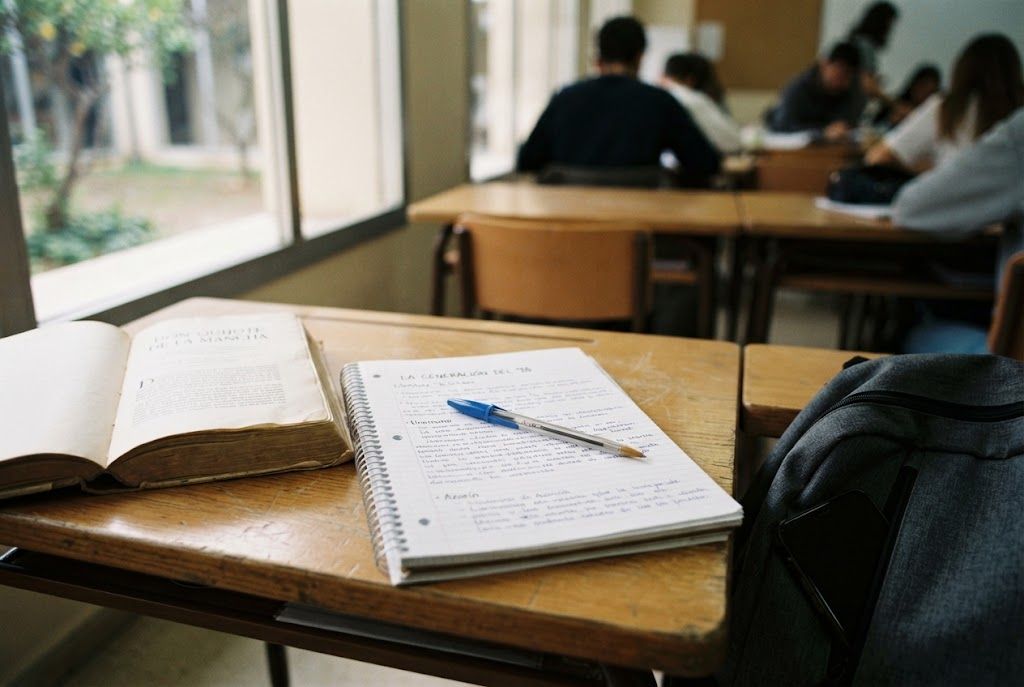 Recuperación del papel y la lectura en el aula Pupitre escolar con libro abierto, libreta manuscrita y bolígrafo, transmitiendo el regreso a métodos de estudio tradicionales