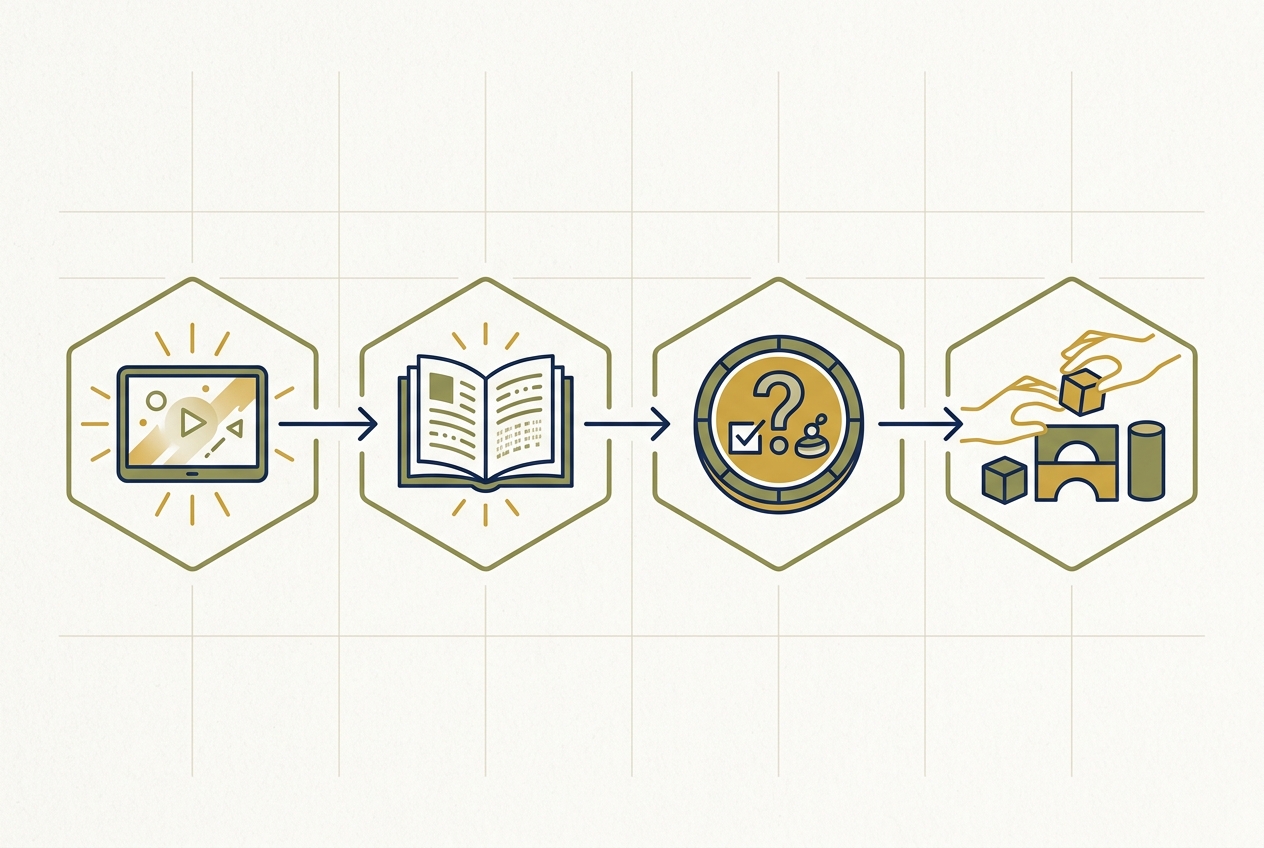Itinerario de lección multimodal para la atención a la diversidad Diagrama conceptual de cuatro fases de una secuencia de aprendizaje inclusiva: activación visual, lectura, juego y aplicación analógica.