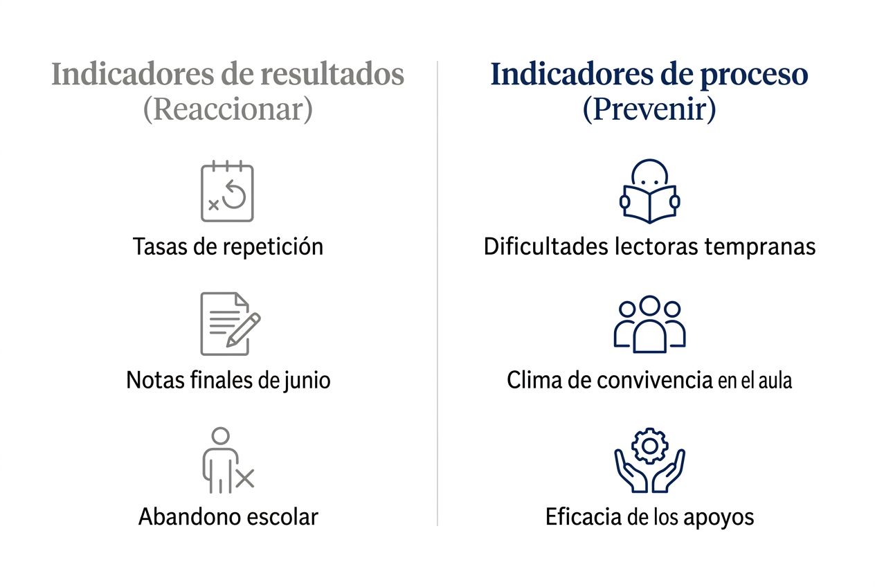 Comparativa entre indicadores de resultados e indicadores de proceso escolar Esquema conceptual en español comparando indicadores de resultados finales con indicadores de proceso dentro del colegio.