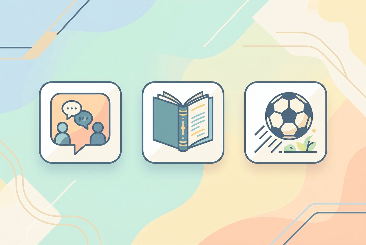Beneficios clave de la desconexión escolar Infografía conceptual minimalista con tres iconos que representan la comunicación cara a cara, la atención y el ocio activo en el patio escolar