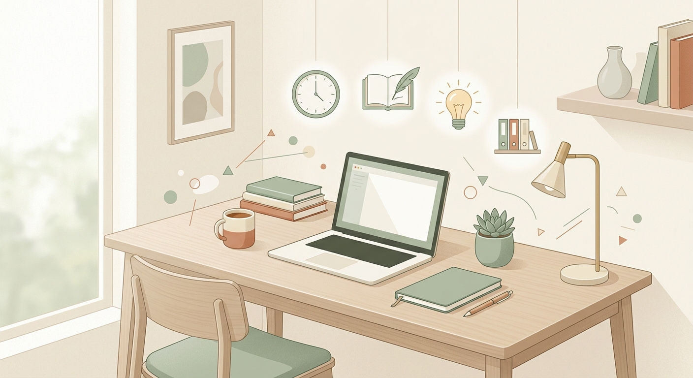 Ilustración conceptual de un espacio de estudio ordenado que muestra la relación entre organización física y concentración mental