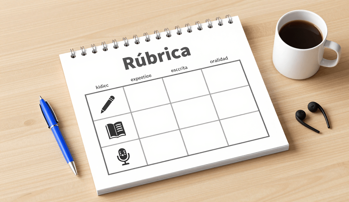 Criterios clave para evaluar en Lengua con rúbricas Cuatro iconos representando los criterios de evaluación en Lengua