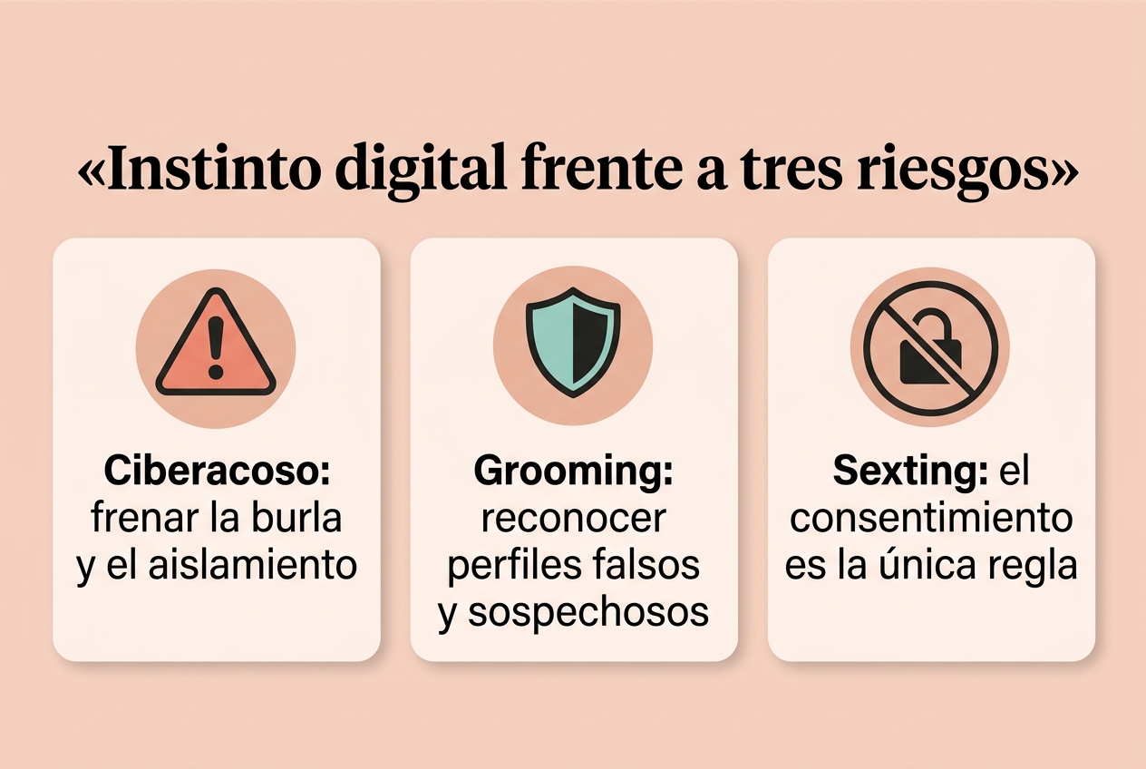 Diagrama conceptual sobre tres riesgos clave en redes sociales: ciberacoso, grooming y sexting no consentido