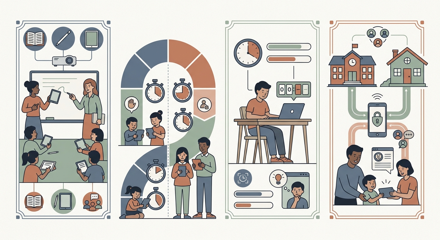Pilares pedagógicos para regular los dispositivos digitales en el centro Esquema conceptual con iconos educativos que representan cuatro pilares para la gestión equilibrada de la tecnología escolar