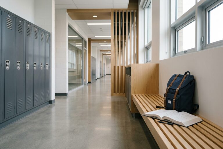 Taquillas escolares metálicas cerradas con un libro apoyado en el lateral simbolizando un espacio educativo libre de distracciones digitales