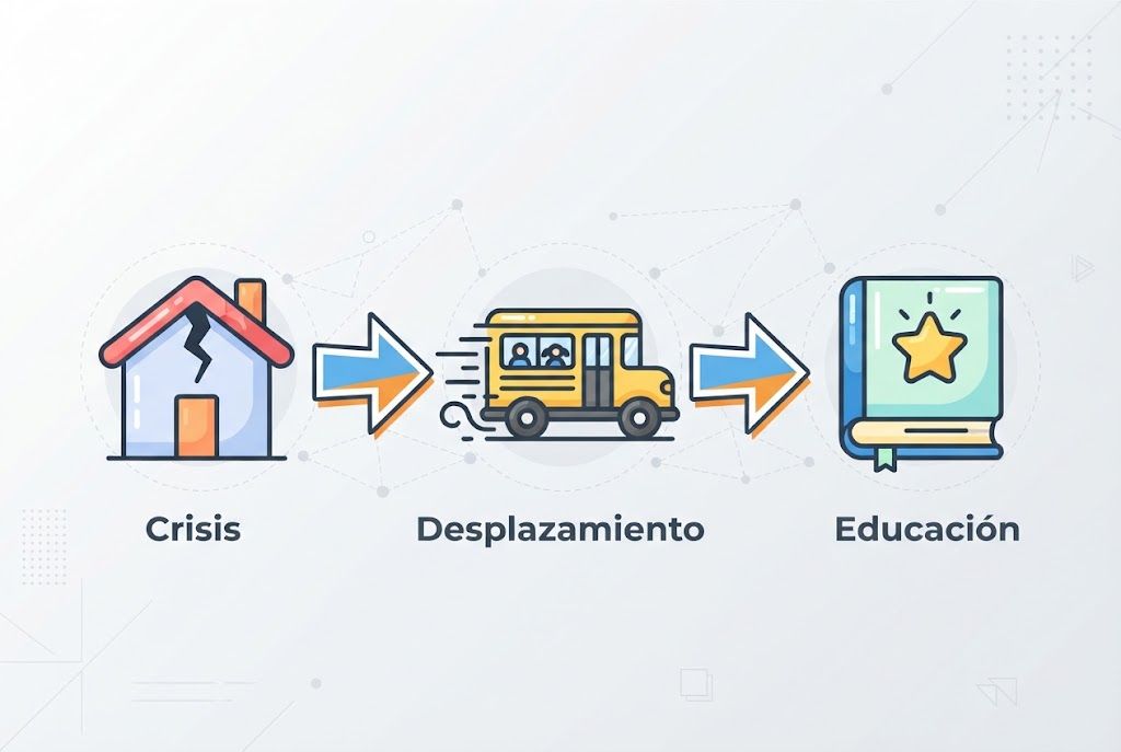 Relación entre crisis y continuidad educativa Infografía que conecta crisis, desplazamiento y educación
