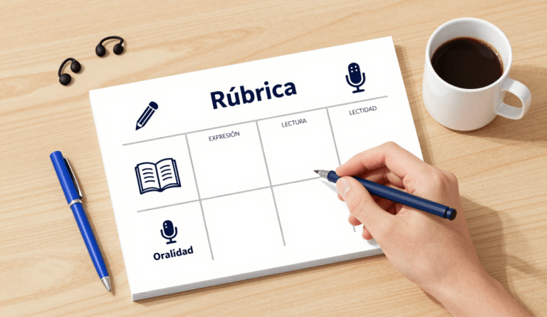 Hoja con rúbrica educativa sobre escritorio, acompañada de lápiz, micrófono y taza de café
