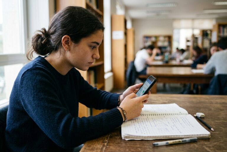 Manos de una persona joven sosteniendo un teléfono móvil con notificaciones de mensajes en pantalla sobre una mesa de estudio