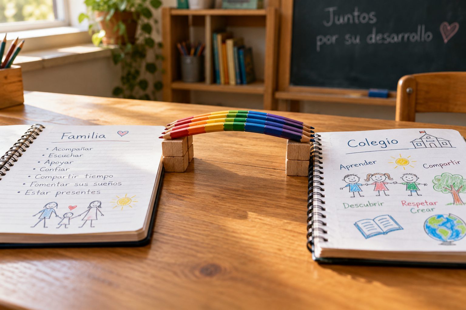 Símbolo de colaboración entre familia y escuela Dos cuadernos conectados por un puente de lápices en una mesa escolar