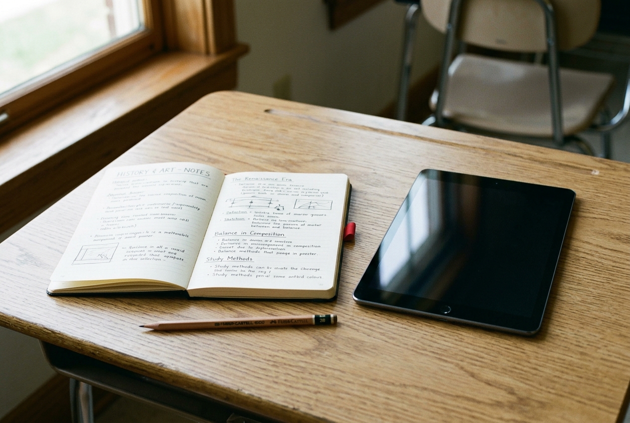 Equilibrio entre dispositivos digitales y materiales tradicionales en el aula Cuaderno escolar abierto junto a una tableta digital apagada y un lápiz sobre una mesa de trabajo de madera