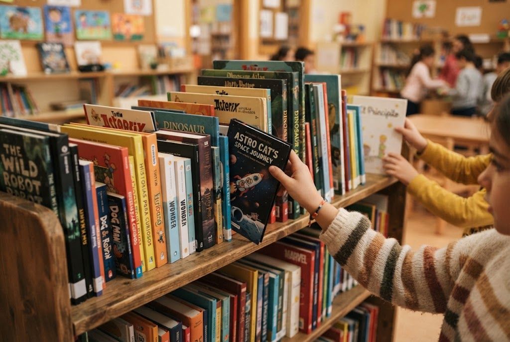 Estantería con libros de diversos formatos siendo elegidos por alumnos