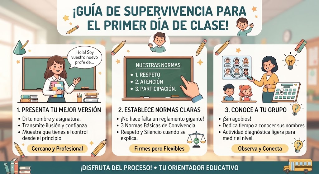 Infografía con consejos para el primer día de clase: 1. Presentación cercana y profesional, 2. Establecer 3 normas básicas de convivencia, 3. Conocer al grupo sin agobios