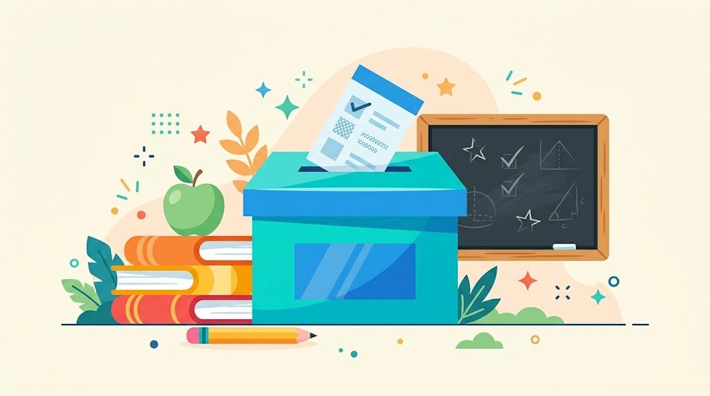 Ilustración vectorial de una urna de votación azul con una papeleta, rodeada de libros, una manzana verde y una pizarra, diseñada para un blog educativo.