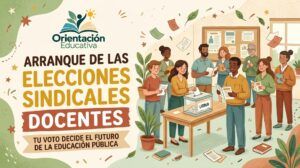 Ilustración de docentes votando en una urna durante las elecciones sindicales con el logo de Orientación Educativa.
