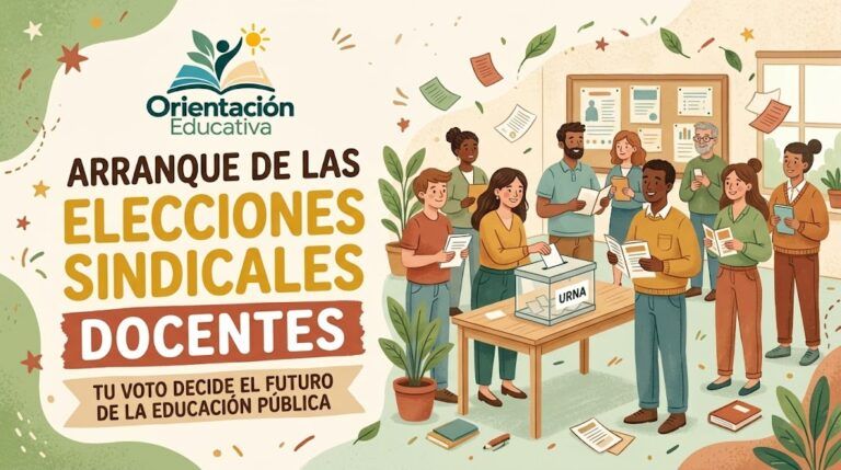 Ilustración de docentes votando en una urna durante las elecciones sindicales con el logo de Orientación Educativa.