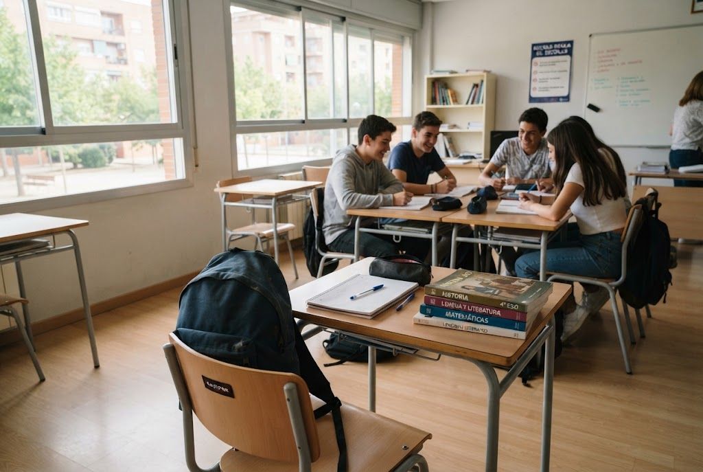 Pupitre vacío en un aula de secundaria mientras otros alumnos trabajan al fondo