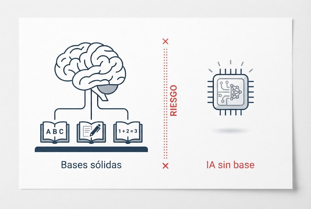 Ilustración conceptual que compara bases educativas sólidas con el uso de IA sin fundamentos