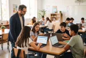 Profesor supervisando a alumnos que trabajan con portátiles en un aula moderna, transmitiendo uso responsable de tecnología educativa