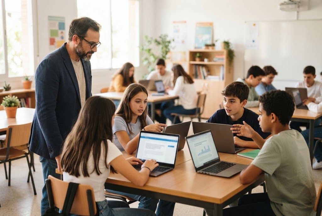 Profesor supervisando a alumnos que trabajan con portátiles en un aula moderna, transmitiendo uso responsable de tecnología educativa