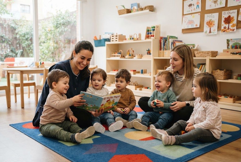 Educadoras atendiendo a pequeño grupo de niños en aula infantil Dos educadoras interactuando con un pequeño grupo de niños de menos de tres años en un aula de educación infantil luminosa y moderna