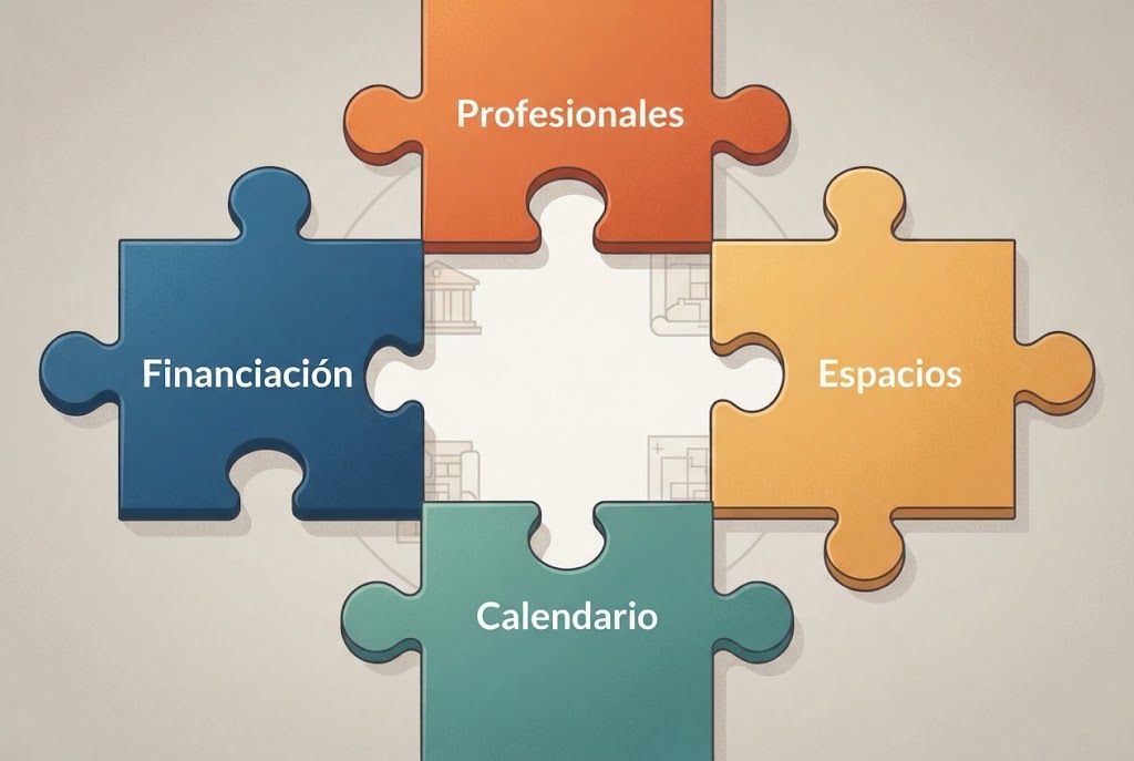Elementos clave para una reforma viable Ilustración de rompecabezas educativo con piezas etiquetadas mostrando elementos necesarios para la reforma